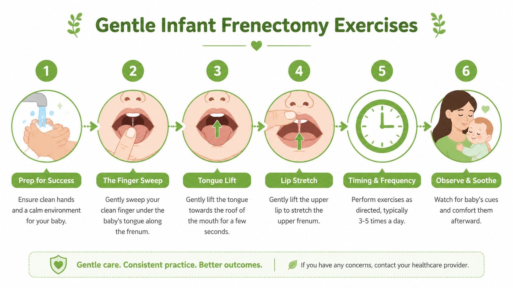 A six-step infographic guide demonstrating gentle post-frenectomy exercises for infants to perform with their parents.