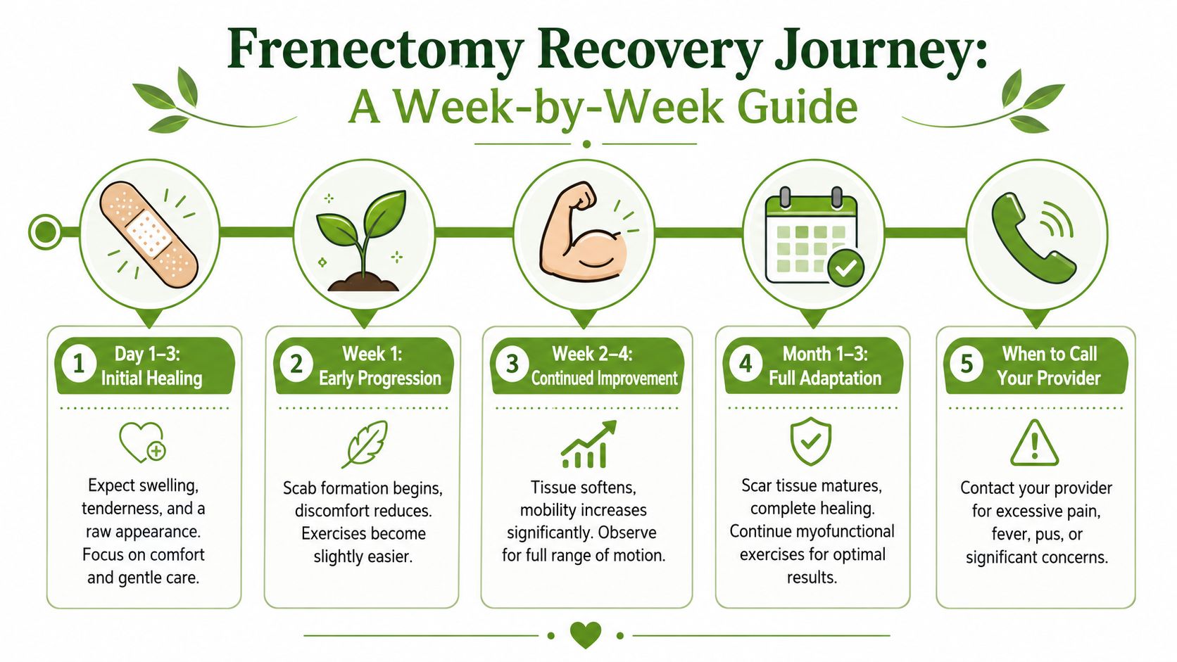 An infographic titled Frenectomy Recovery Journey, outlining five steps of the healing process from initial care to recovery.