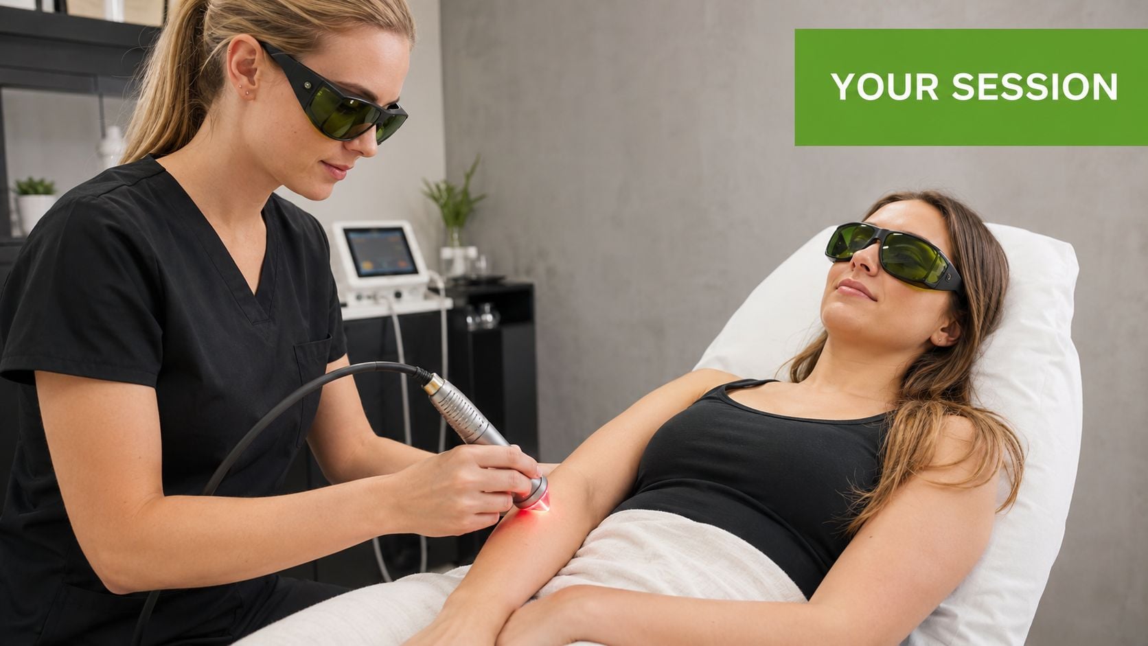 A professional laser therapist performing cold laser therapy treatment on a woman's arm in a clinical setting.