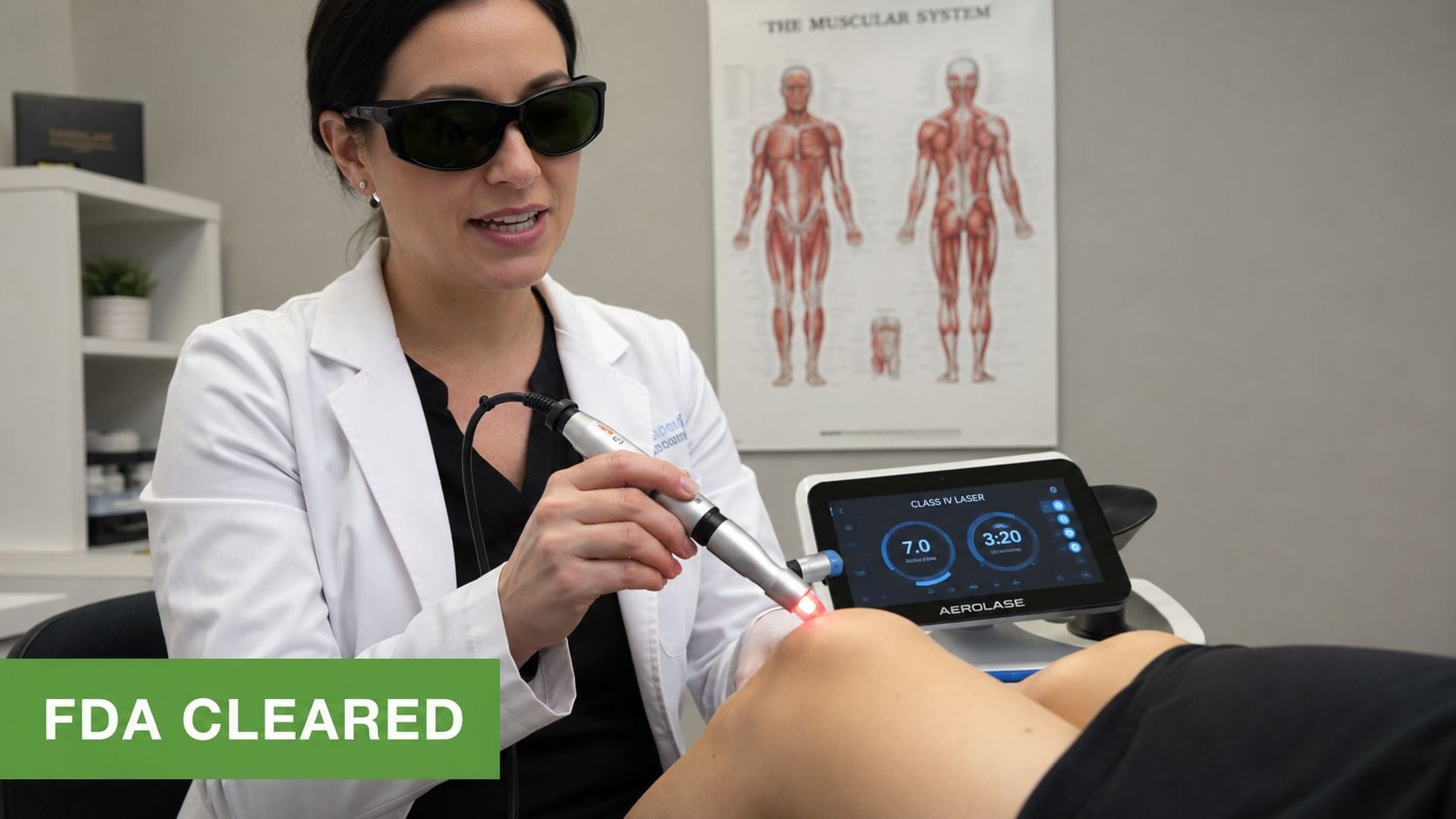 A professional clinician in a lab coat performing cold laser therapy on a patient's knee in clinic.
