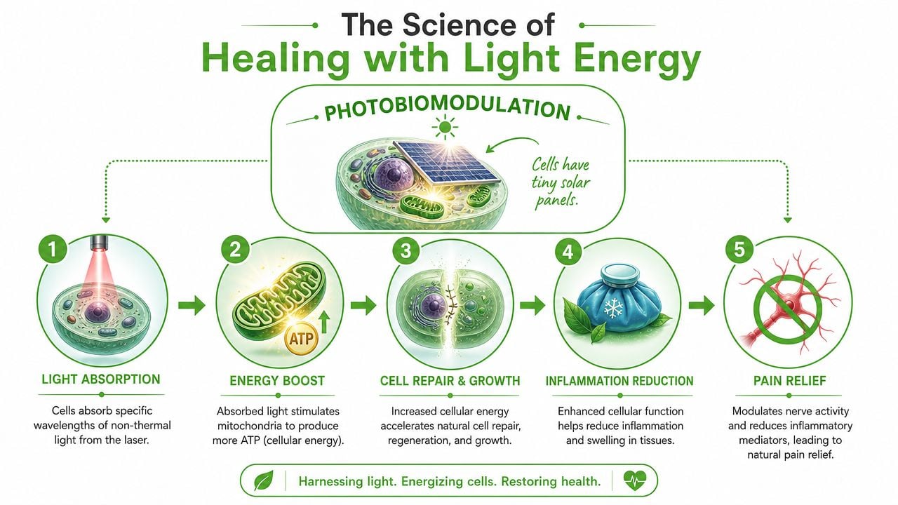 An infographic showing the five steps of photobiomodulation, explaining how laser light energy heals human cells.