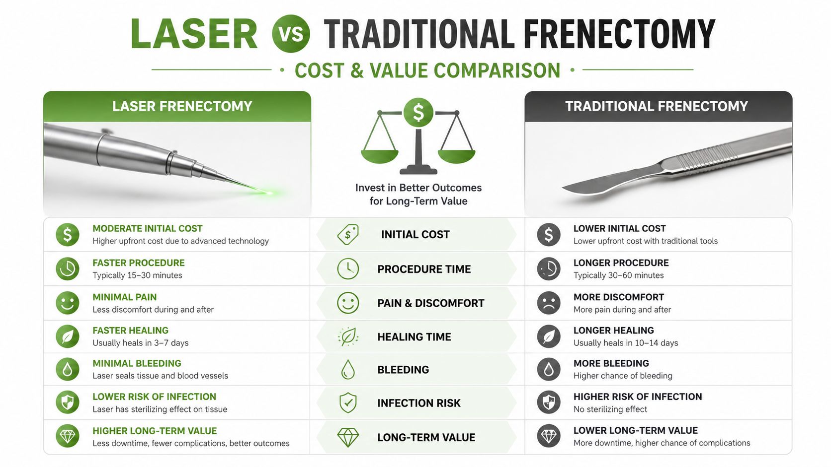 A comparison chart showing the cost and value benefits of laser frenectomy versus traditional surgical frenectomy procedures.
