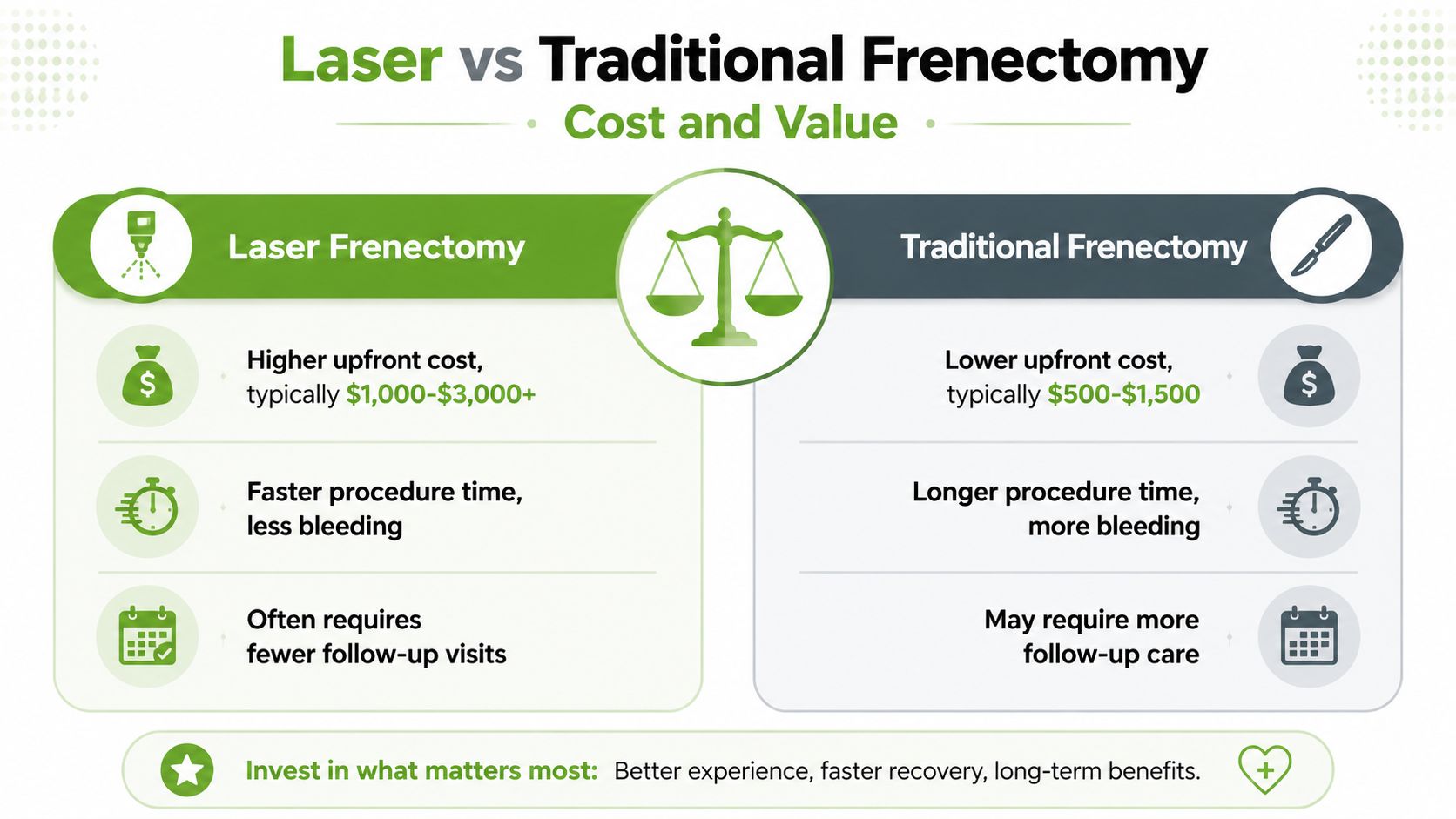 A comparison chart showing the cost and value benefits of laser frenectomy versus traditional surgical frenectomy procedures.