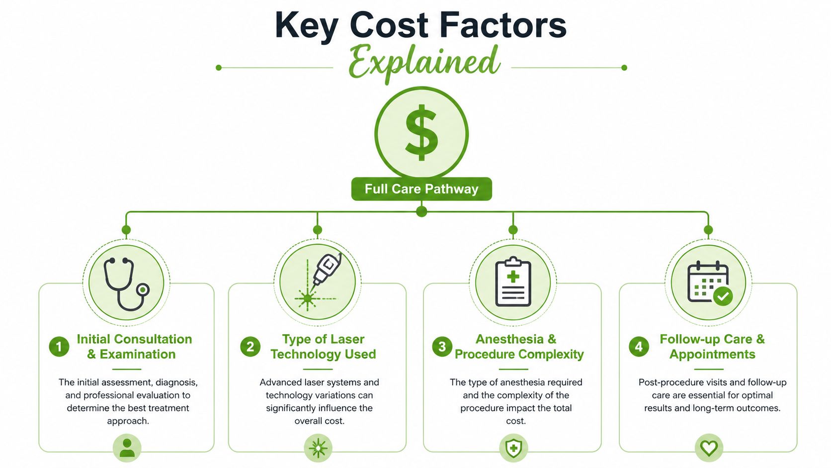 An infographic detailing the four key factors that influence the total cost of a laser frenectomy procedure.