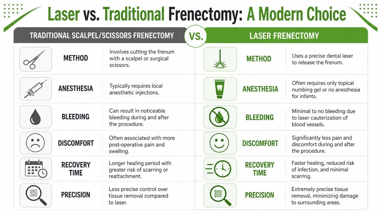 A comparison chart outlining the differences between traditional scalpel and laser-based frenectomy dental procedures.
