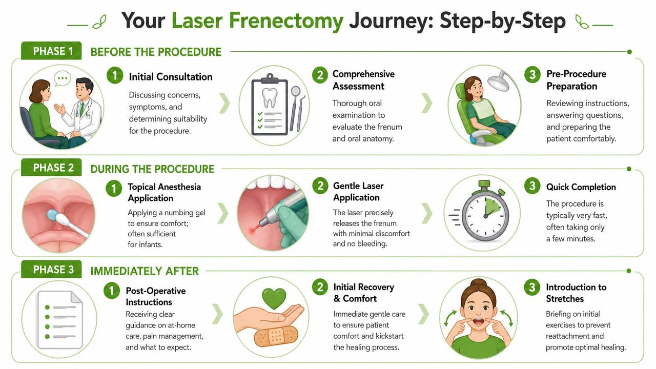 A clear infographic illustrating the three phases and step-by-step process of a patient laser frenectomy procedure.