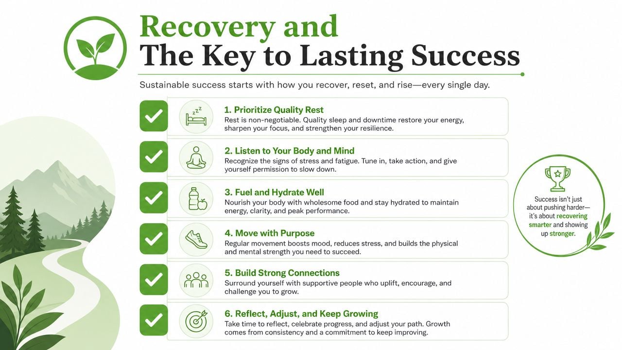 An infographic detailing six essential steps for recovery to achieve sustainable success through health and wellness.