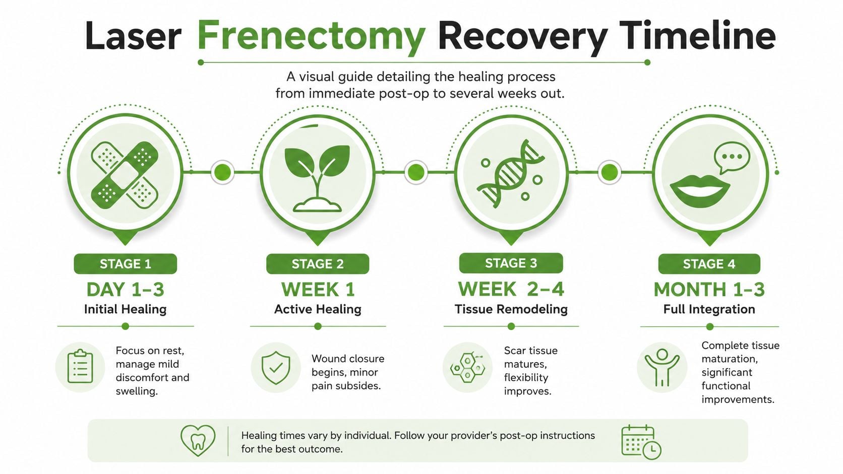 A recovery timeline infographic for laser frenectomy, detailing the healing stages from day one to month three.