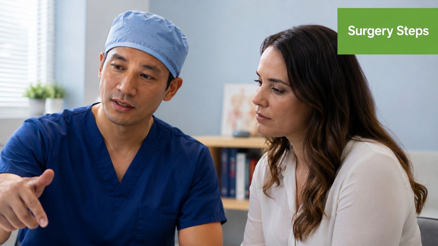 A surgeon in scrubs explains surgery steps to a female patient during a consultation in an office.