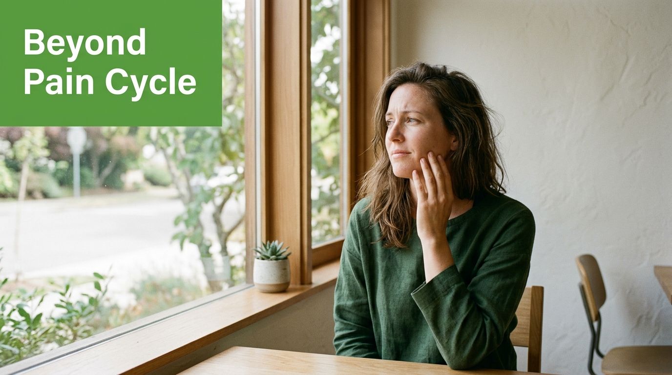 A woman in a green shirt sits by a window, touching her cheek in deep thought.