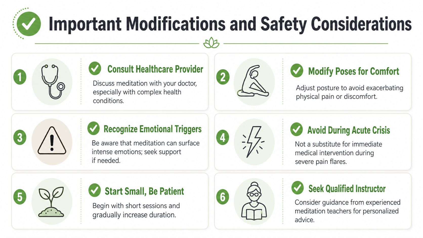 A guide listing six important safety considerations and modifications for practicing meditation while managing chronic pain conditions.