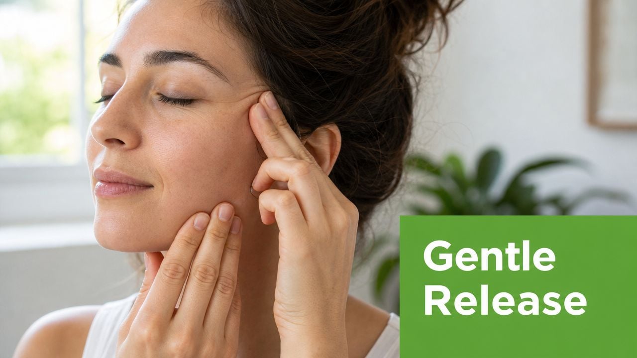 A woman performing a gentle myofascial release massage technique on her face with her fingers.