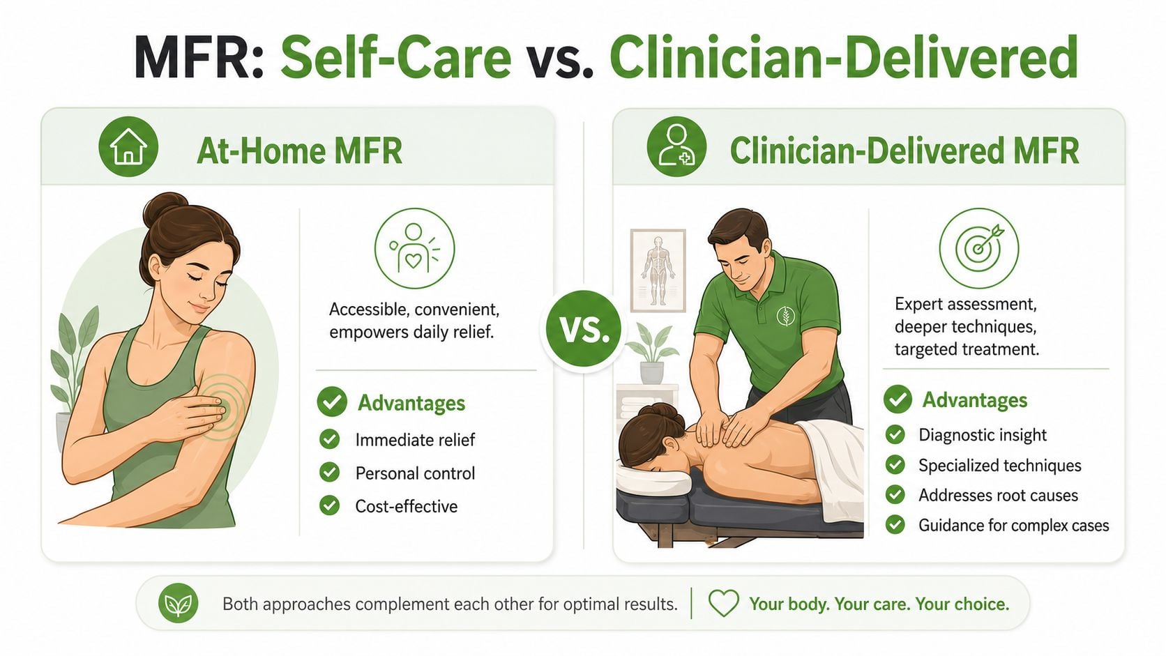A comparison chart showing the differences between at-home and clinician-delivered myofascial release therapy techniques.