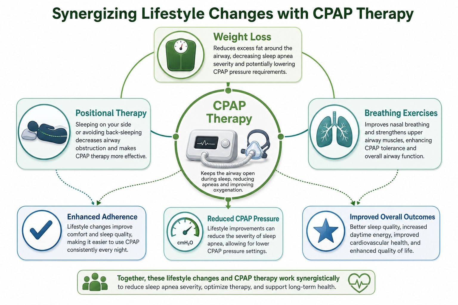 An infographic showing how combining lifestyle changes like weight loss and positional therapy enhances CPAP treatment effectiveness.