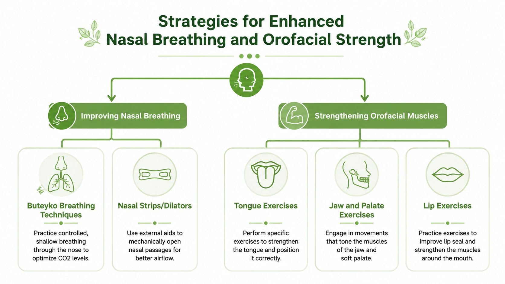 A diagram illustrating strategies for nasal breathing and orofacial muscle strengthening for better respiratory health.