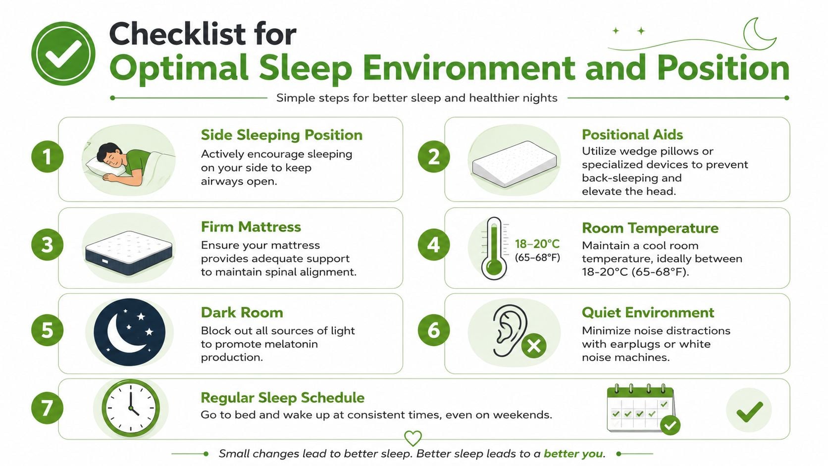 A checklist for an optimal sleep environment and position, featuring tips for better sleep hygiene.