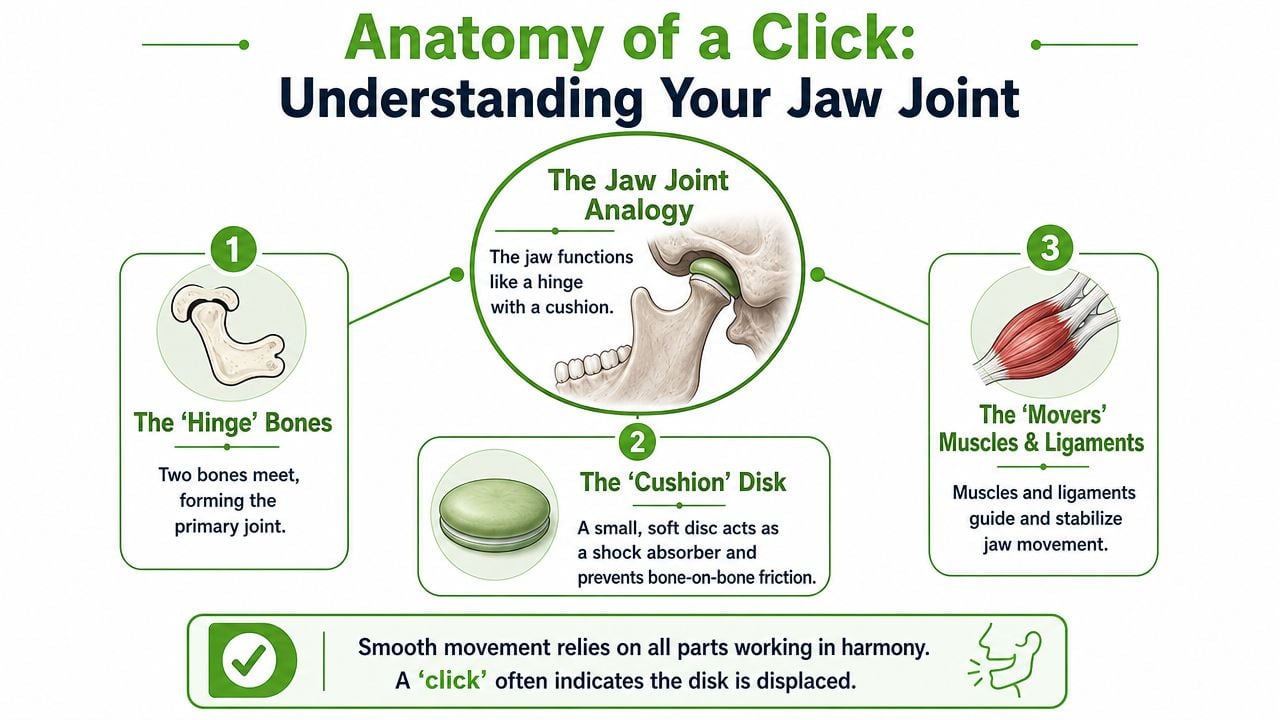 An educational infographic explaining the anatomy of the jaw joint and the causes of clicking.