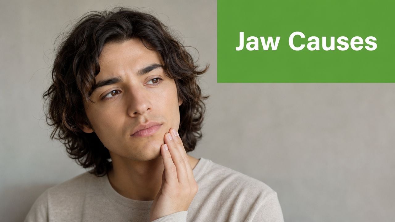 A young man with dark wavy hair touching his cheek while looking thoughtful about jaw pain.