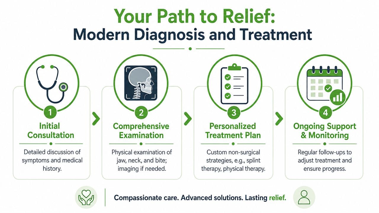 A four-step infographic illustrating the modern diagnostic and treatment process for TMJ relief and ongoing patient care.