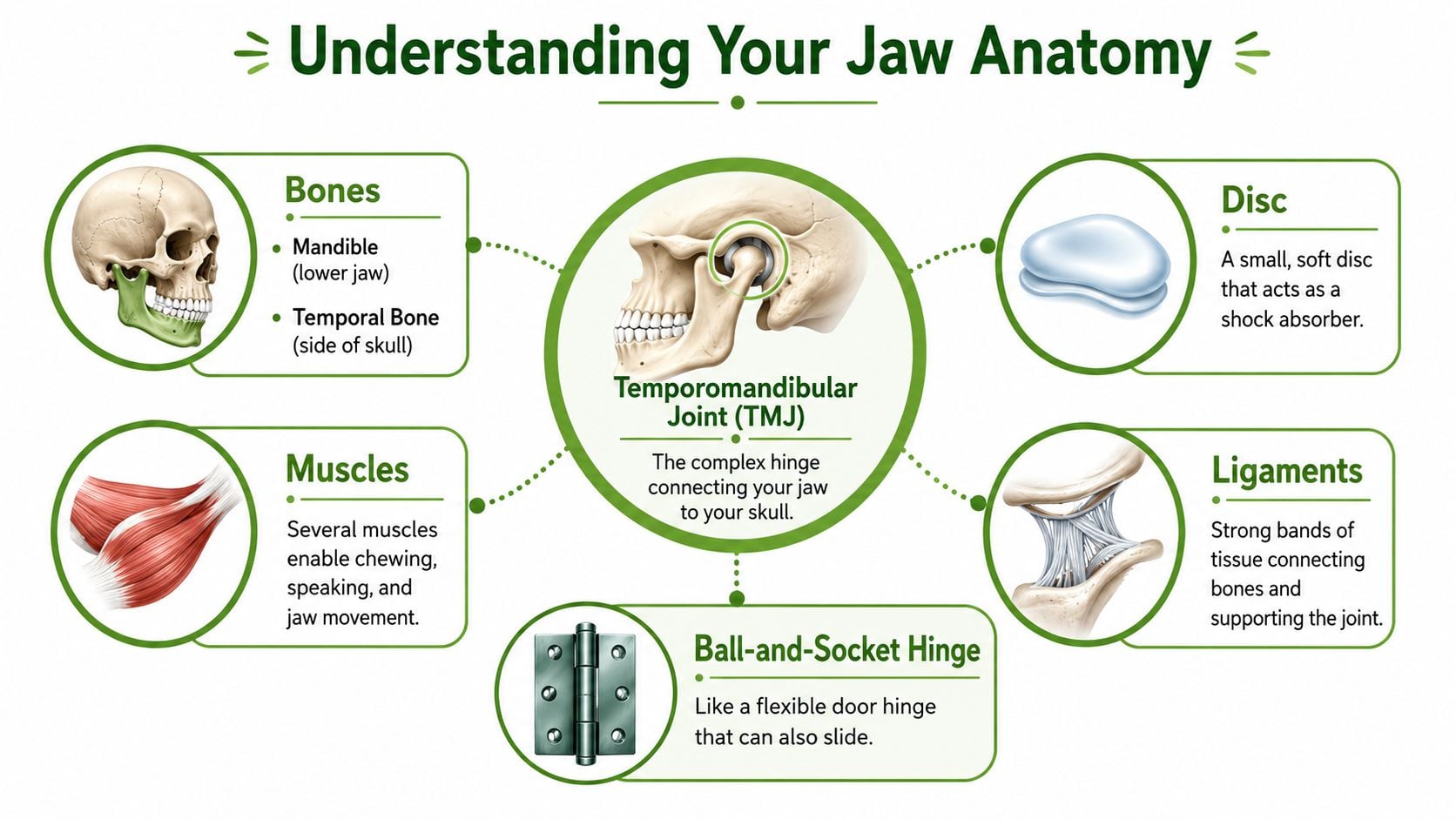 An educational infographic illustrating the anatomy of the temporomandibular joint, including bones, muscles, disc, and ligaments.