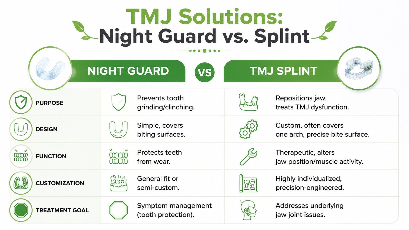 A comparison chart outlining the key differences between a dental night guard and a TMJ splint.