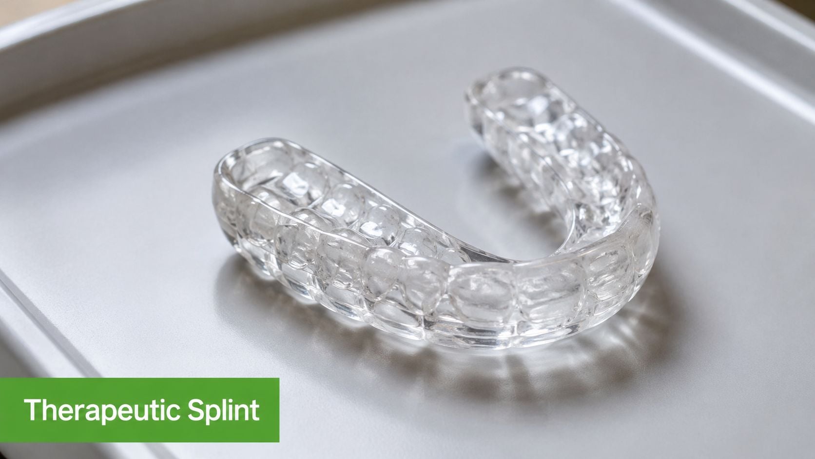 A clear dental splint sitting on a tray, often used for TMJ therapy and teeth grinding protection.