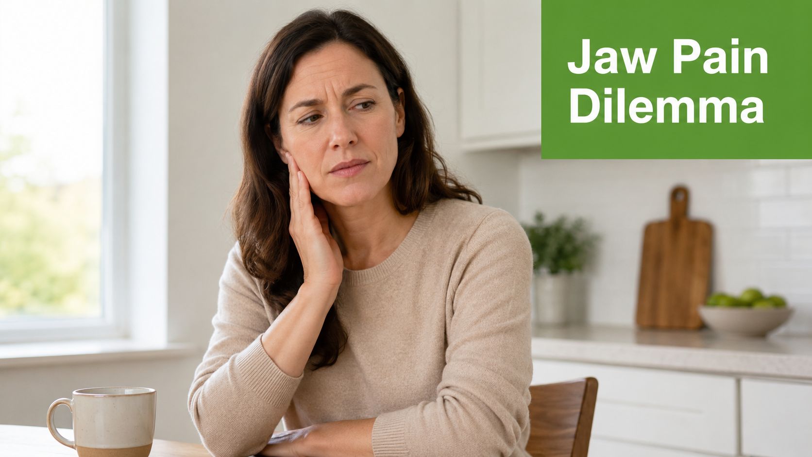 A concerned woman sitting at a table touching her jaw, experiencing discomfort from jaw pain.