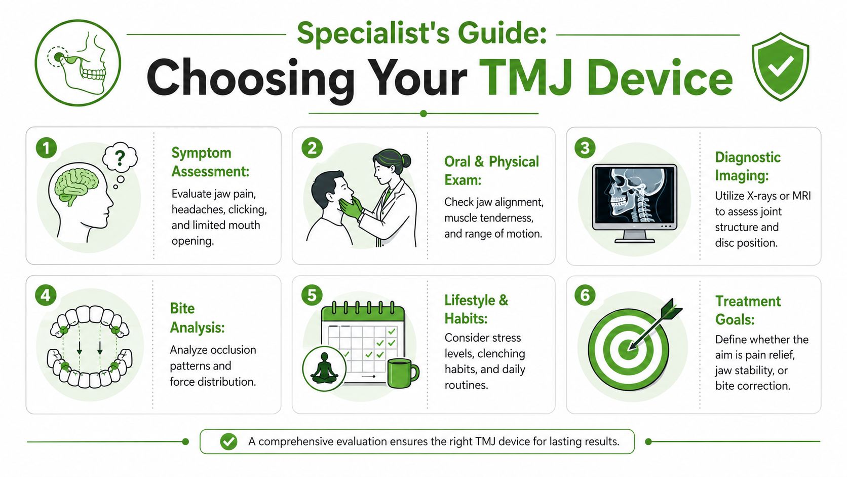 A six-step specialist guide infographic for choosing the right TMJ device through comprehensive patient evaluation.