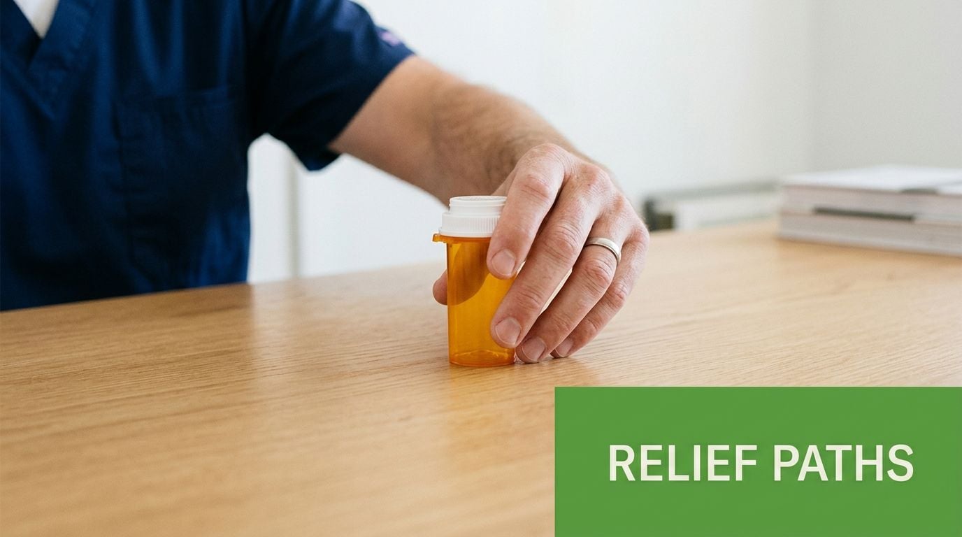 A medical professional wearing scrubs sets a yellow prescription medication bottle on a wooden desk.