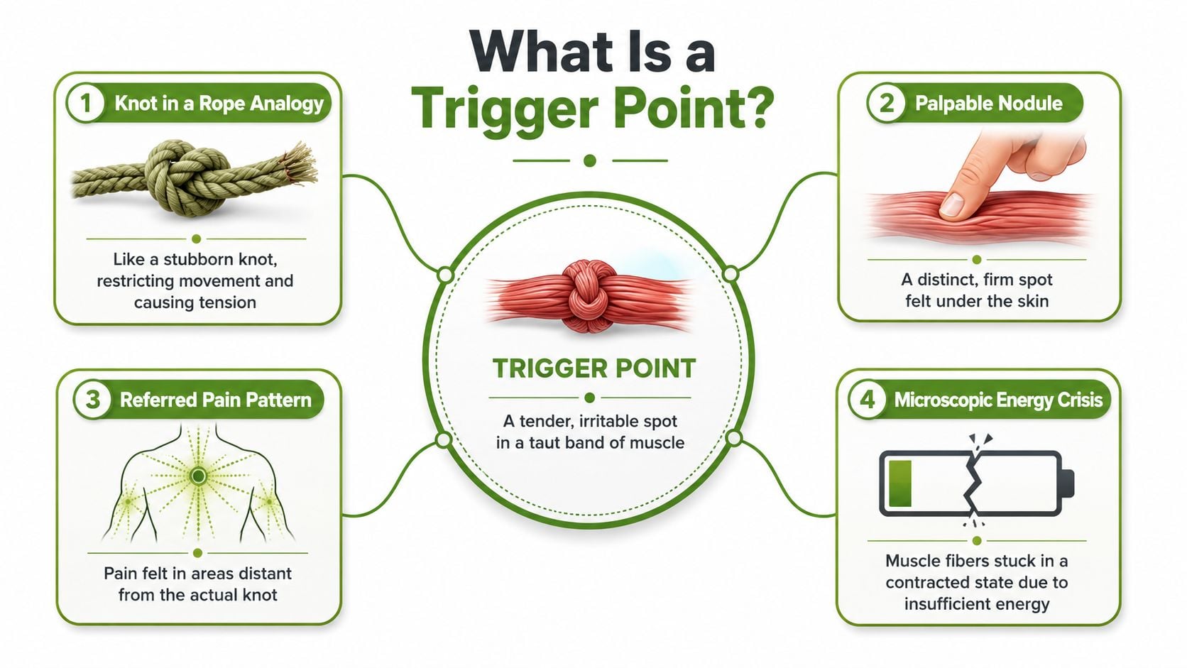 An infographic explaining trigger points, showing muscle knots, palpable nodules, referred pain patterns, and energy crises.