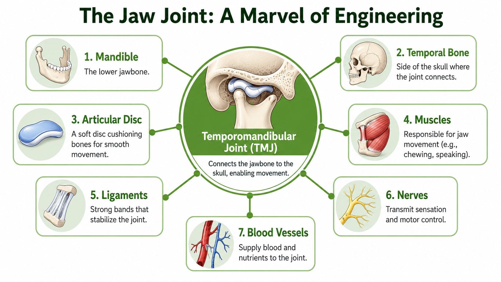 A detailed medical infographic showing the anatomy of the temporomandibular joint, labeling seven essential component parts.