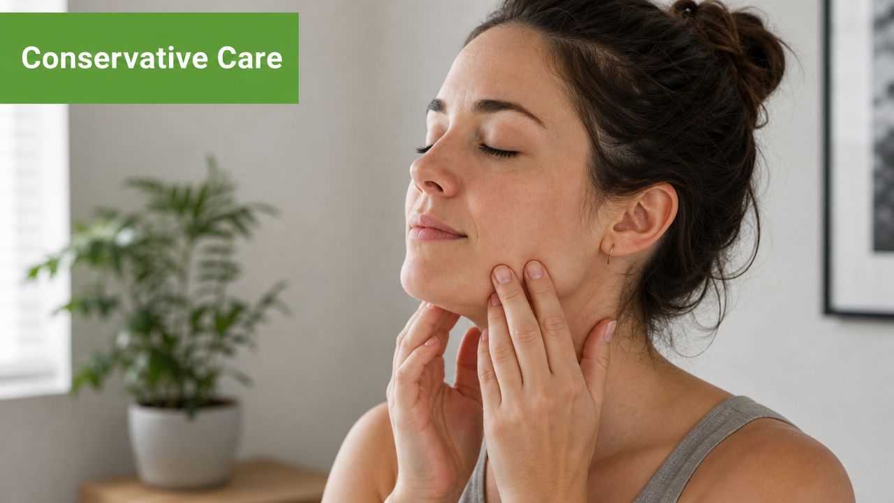 A woman gently touching her jawline, demonstrating a conservative care approach for managing TMJ disorder symptoms.