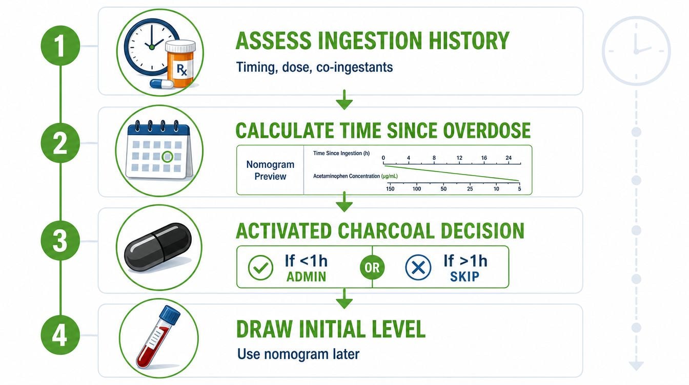 A four-step medical infographic illustrating the initial management and assessment process for acetaminophen overdose and toxicity.