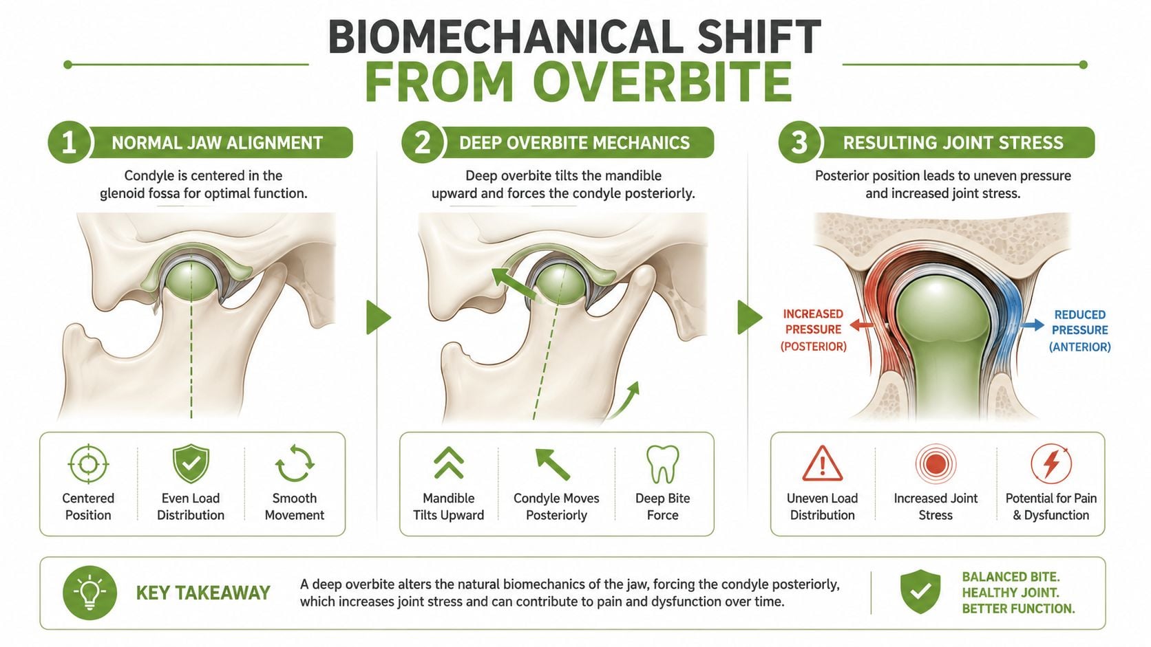A diagram illustrating how a deep overbite shifts the jaw joint, causing stress and potential TMJ dysfunction.