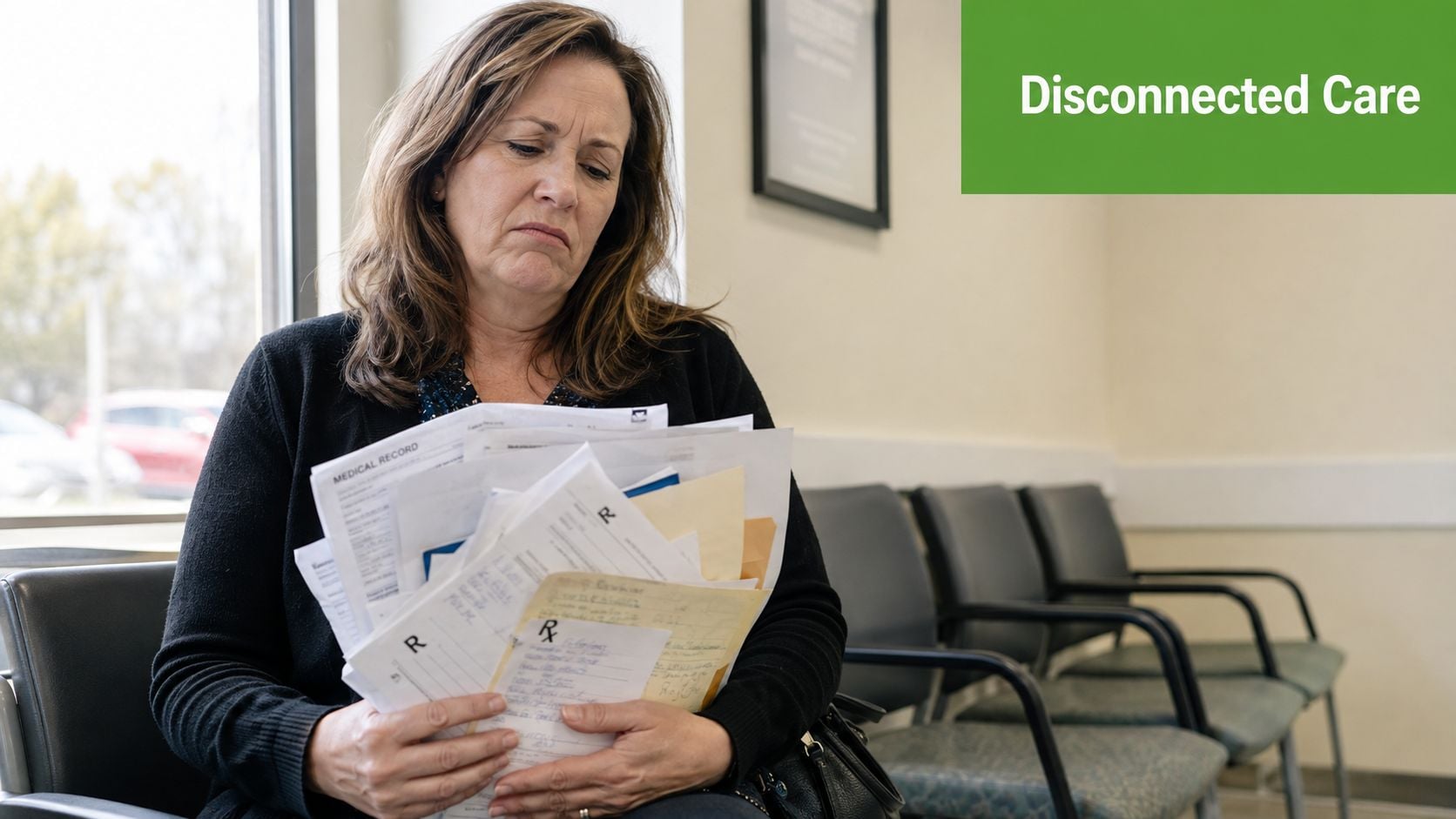 A concerned woman sitting in a medical waiting room while holding a large stack of patient records.