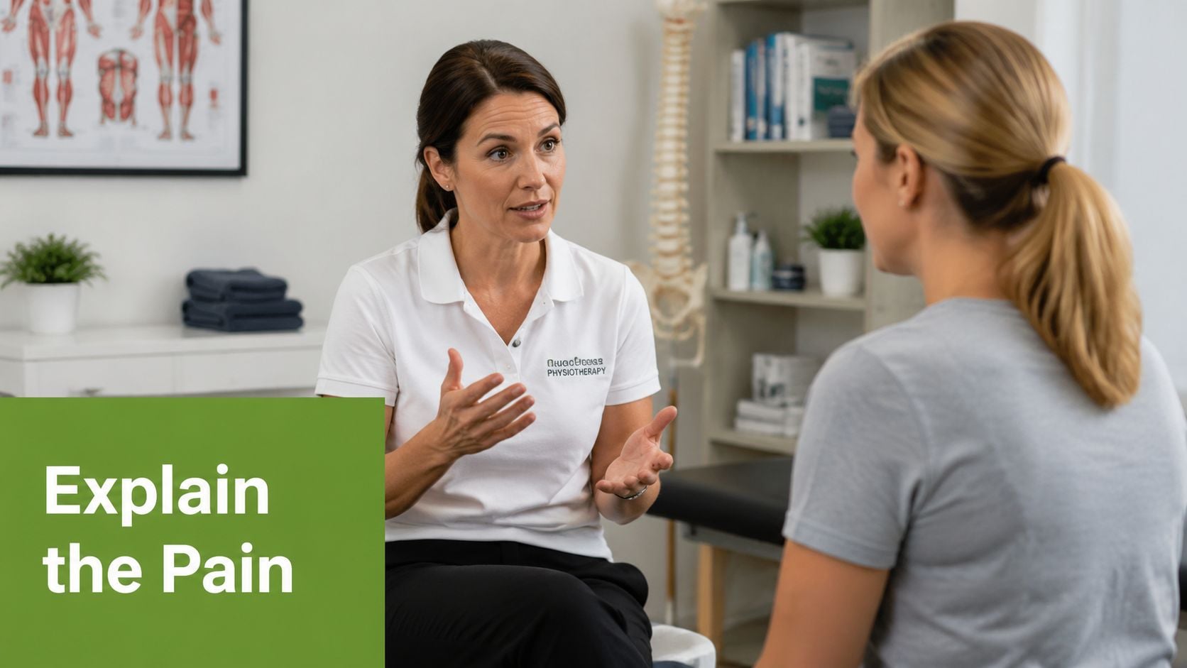 A female physiotherapist consults with a patient to discuss and explain the nature of their physical pain.