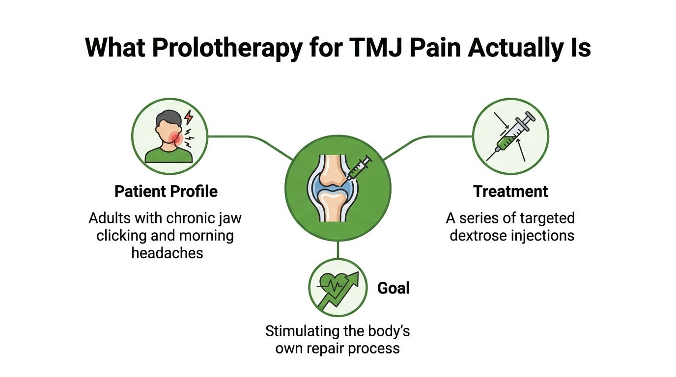A diagram explaining prolotherapy for TMJ pain, outlining the patient profile, treatment method, and healing goals.