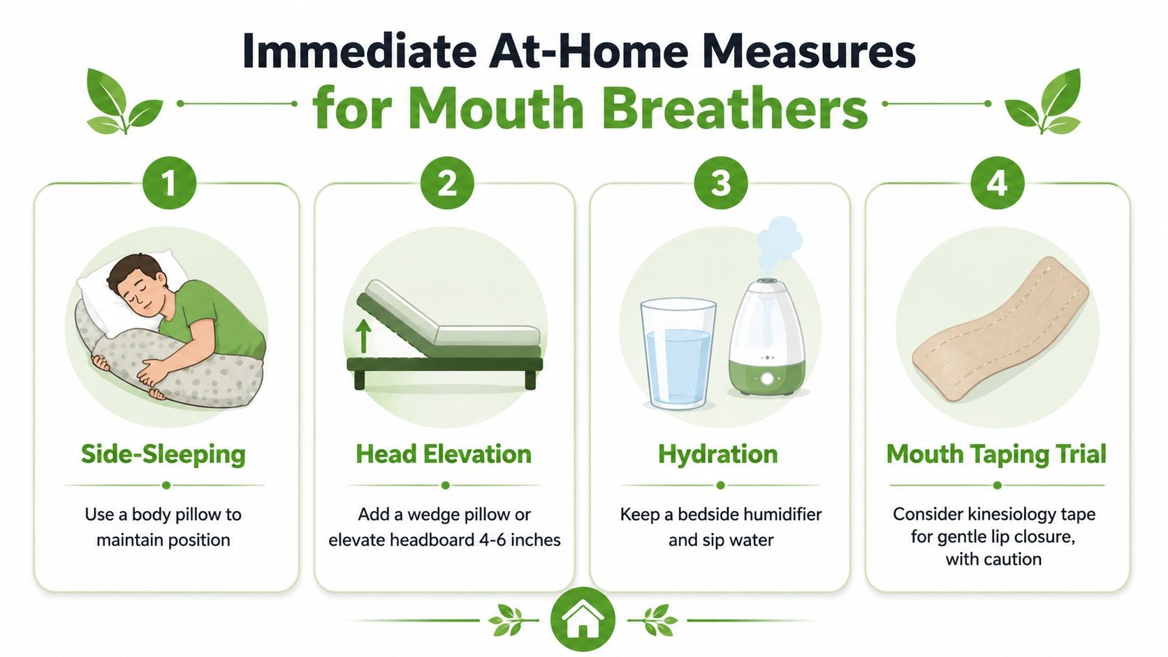 An infographic showing four immediate at-home measures for mouth breathers including side-sleeping, head elevation, hydration, and mouth taping.